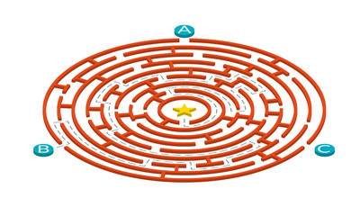 Fototapeta na wymiar Labyrinth maze game. Circle puzzle. Find exit or right way challenge. Vector illustration.