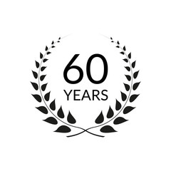 60 years anniversary logo with laurel wreath frame. 60th birthday celebration icon or badge. Vector illustration.