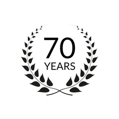 Obraz premium 70 years anniversary logo with laurel wreath frame. 70th birthday celebration icon or badge. Vector illustration.