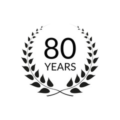 80 years anniversary logo with laurel wreath frame. 80th birthday celebration icon or badge. Vector illustration.