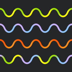 Set of Multicolored Gradient Wavy Lines on a Black Background. Wavy lines are Seamless.