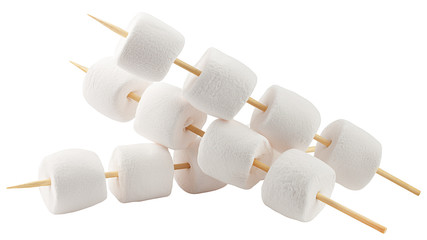 marshmallow on wooden stick isolated on white background, clipping path, full depth of field