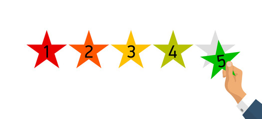 Customer feedback 5 stars scale isolated on white background. Online consumer Review 5 yellow stars with businessman hand. Excellent User experience feedback. Rank,survey level satisfaction rating app