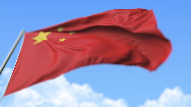Flying national flag of China, low angle view. Loopable realistic slow motion 3D animation