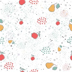 Cute Seamless Pattern with pears and dotted background. hand Drawn Delicate Design. Scandinavian Style. For cards, templates, gift paper, prints, decorations, templates, etc. Vector Illustration