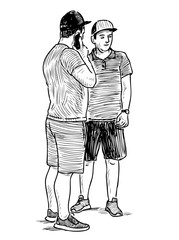 Sketch of casual young townsmen standing and talking on smartphone on summer day