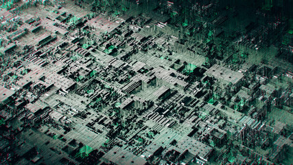 Abstract 3d illustration of cyber futuristic city landscape, data center and information leaking, cyber security