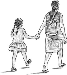 Fototapeta na wymiar Sketch of mother with her little daughter going on a stroll on summer day