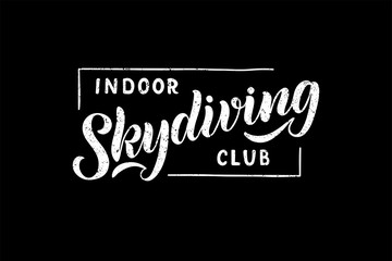 Indoor skydiving club hand drawn lettering logo, emblem on black background..