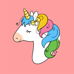 Cute unicorn vector illustration. Unicorn vector icon isolated on white. Head portrait horse sticker, patch badge. Magic cartoon fantasy cute animal. Rainbow hair. Dream symbol. Design for children