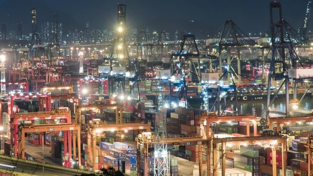 Container Terminal at Night Shipping containers on dock Panorama of Hong Kong shipyard at night timelapse logistics concept