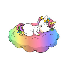 Cute little unicorn sweet dreams print. Sleep Unicorn isolated vector icon. Fantasy horse sticker, patch badge. Magic cartoon animal. Rainbow horn, pink hair. Dream symbol.
