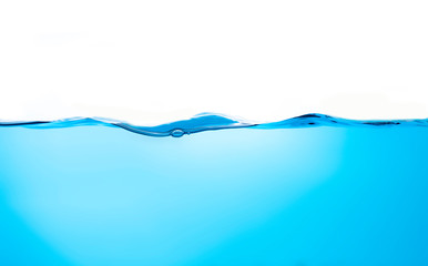 Blue water splashs wave surface with bubbles of air on white background.