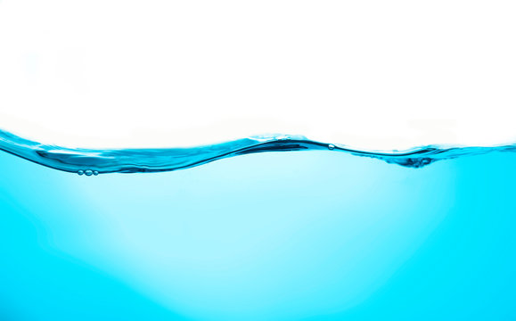 Blue water splashs wave surface with bubbles of air on white background.