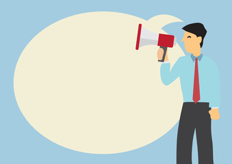 Businessman with a megaphone and a giant speech bubble against a green background. Concept of sales, consumerism or marketing.