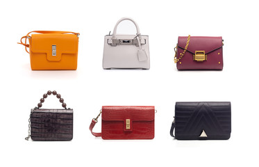 group of women leather handbags isolated on white background