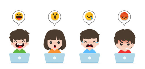 Children playing notebooks And emoticons for laughing, excited, crying, and angry on social media.