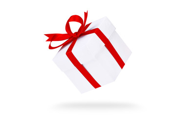  White gift box with red ribbon isolated on white background. Part of set.