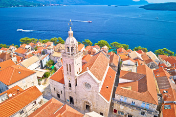 Korcula. Historic town of Korcula cathedral and architecture aerial view