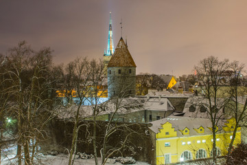 Night view of the Old Town of Tallinn from the high point of the winter. Estonia