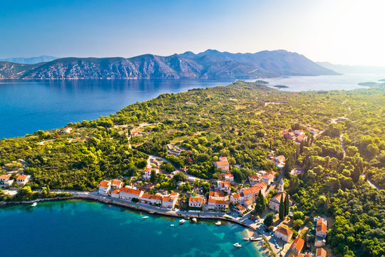 Korcula and Peljesac. Idyllic coastal village of Racisce on Korcula island and Peljesac aerial view