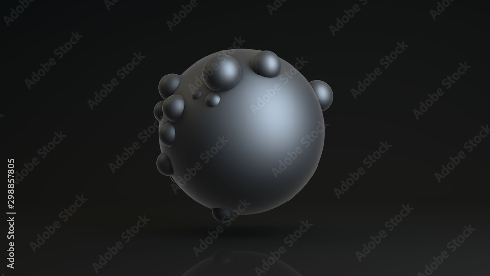 Poster 3d rendering of a large sphere and many small ones immersed in the surface of a large one. abstract 