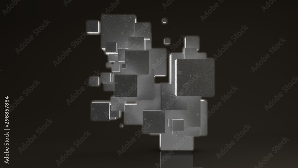 Poster 3d rendering of many glowing cubes on a white background. cubes are arranged randomly, different siz