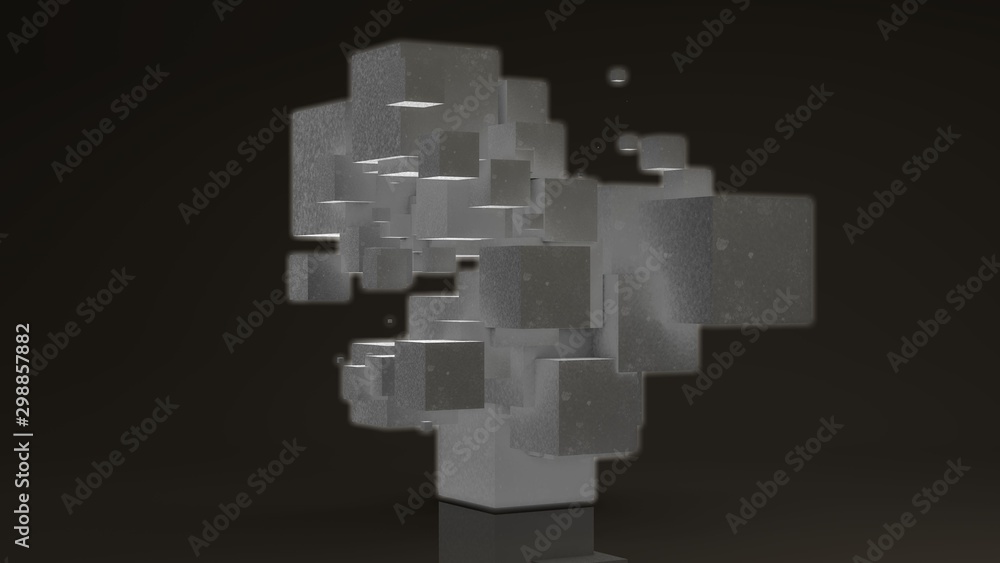 Poster 3d rendering of many glowing cubes on a white background. cubes are arranged randomly, different siz