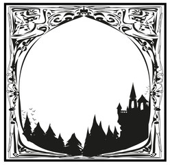 Obraz premium Halloween frame with castle and cemetery.
