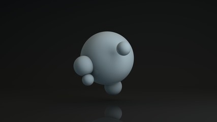 3D rendering of a large white sphere and many small, connected with . Abstract image of spherical figures on a dark reflective background. The idea for a futuristic compositions.