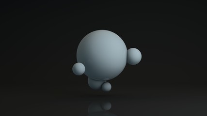 3D rendering of a large white sphere and many small, connected with . Abstract image of spherical figures on a dark reflective background. The idea for a futuristic compositions.