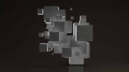 3D rendering of many glowing cubes on a white background. Cubes are arranged randomly, different sizes.  Futuristic image for abstract and futuristic compositions, the idea of chaos and order.