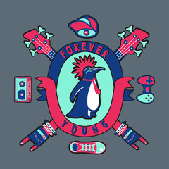 Penguin punk. Vintage music print for t-short. Vintage rock emblem.
