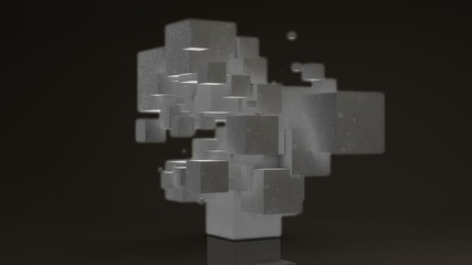 3D rendering of many glowing cubes on a white background. Cubes are arranged randomly, different sizes.  Futuristic image for abstract and futuristic compositions, the idea of chaos and order.
