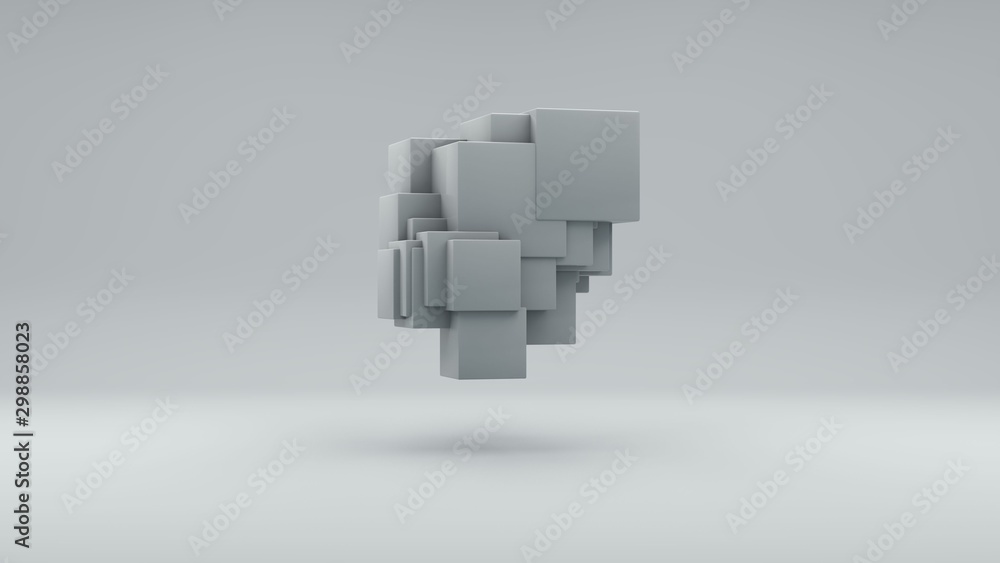 Poster 3d rendering of a set of white cubes on a white background. cubes are arranged randomly, different s
