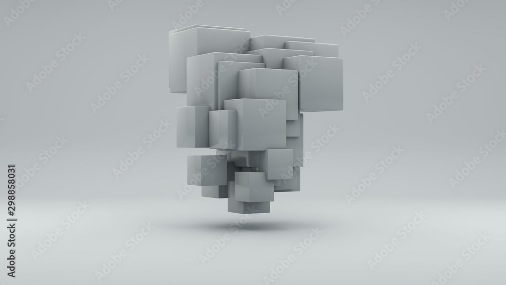 Poster 3d rendering of a set of white cubes on a white background. cubes are arranged randomly, different s