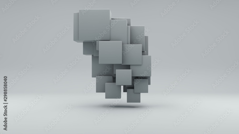 Poster 3d rendering of a set of white cubes on a white background. cubes are arranged randomly, different s