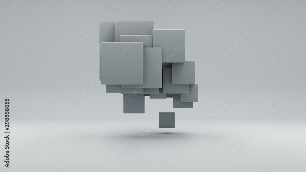 Poster 3d rendering of a set of white cubes on a white background. cubes are arranged randomly, different s