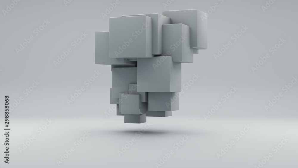 Poster 3d rendering of a set of white cubes on a white background. cubes are arranged randomly, different s