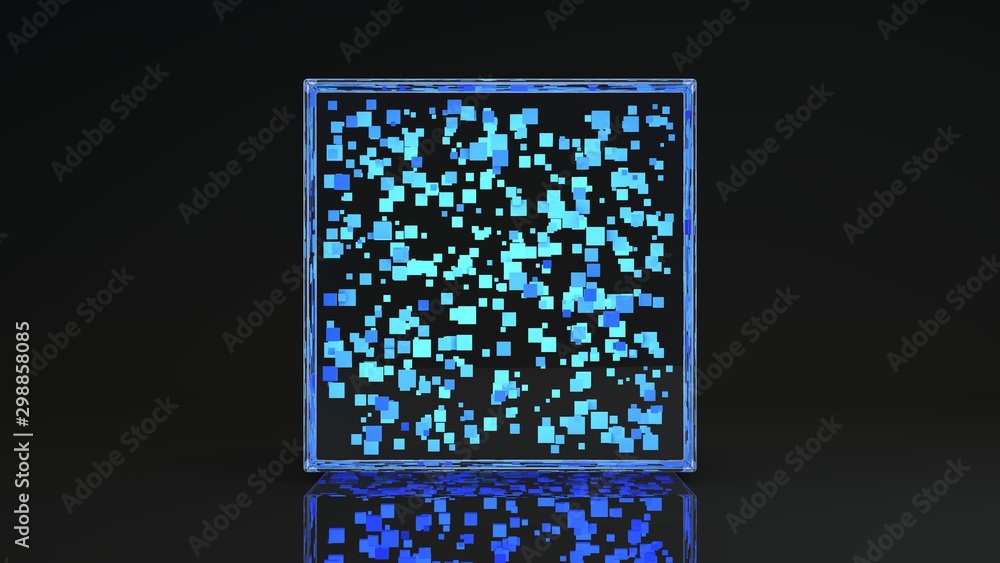 Poster 3d rendering of a large glass cube and many small cubes filling a large one. object isolated on dark