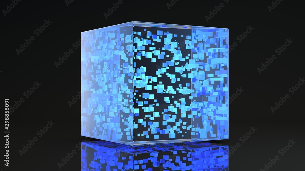 Poster 3d rendering of a large glass cube and many small cubes filling a large one. object isolated on dark