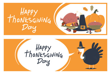 Happy Thanksgiving day banners with turkey, pumpkin, food, leaves and hat vector cartoon set isolated on a white background.