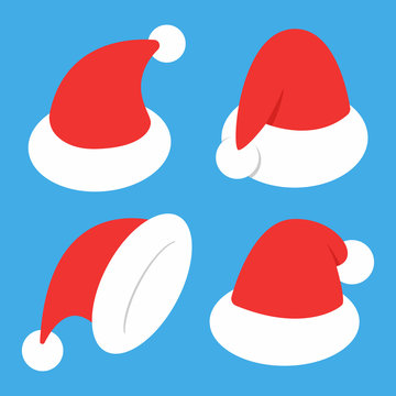 Santa hat vector simple icons set isolated on a blue background.