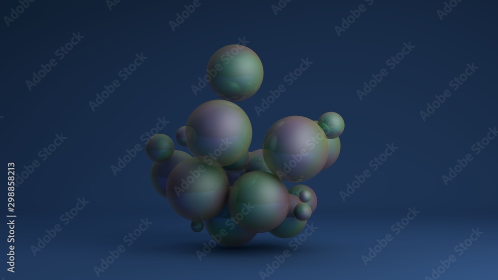 Poster 3d image of a cluster of many balls of different sizes with an iris. 3d rendering for abstract compo