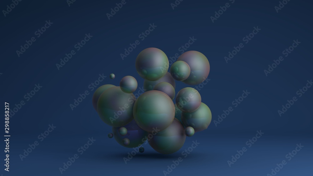 Poster 3d image of a cluster of many balls of different sizes with an iris. 3d rendering for abstract compo