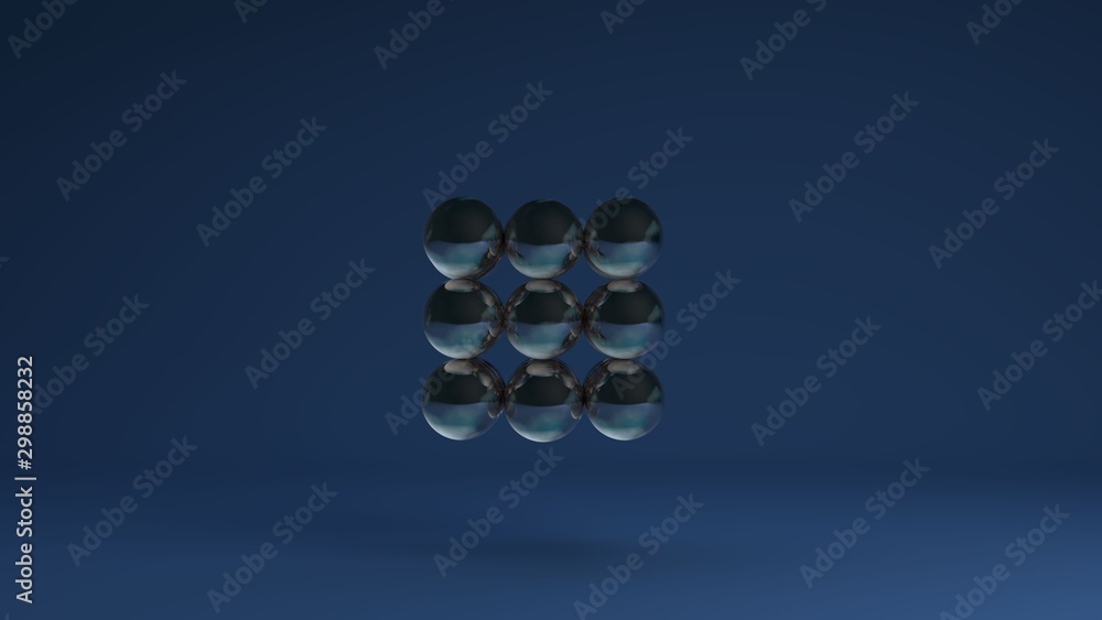 Poster 3d image of a set of glass balls on a blue background arranged in a strict geometric sequence. the i