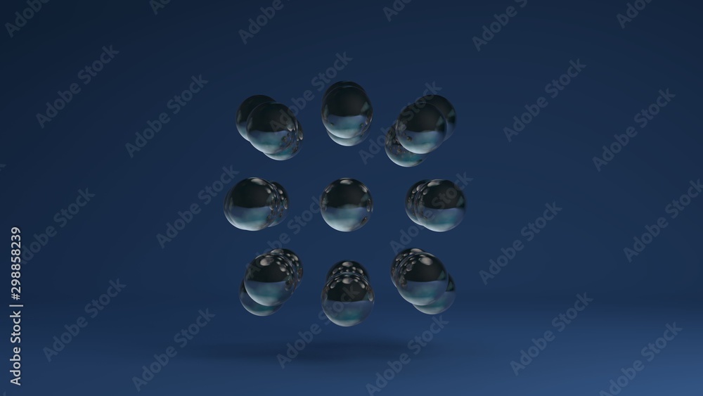 Poster 3d image of a set of glass balls on a blue background arranged in a strict geometric sequence. the i