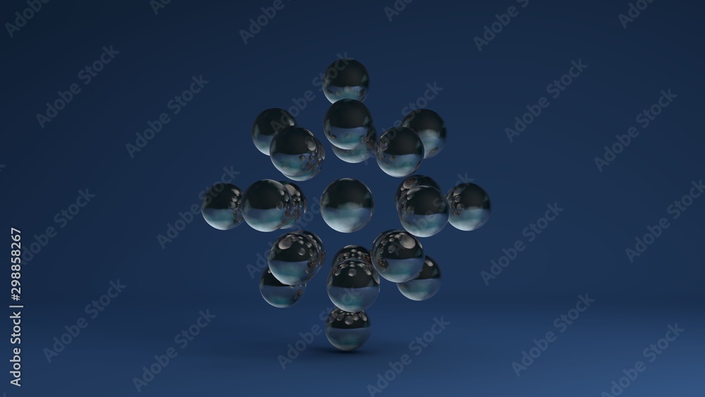Poster 3d image of a set of glass balls on a blue background arranged in a strict geometric sequence. the i