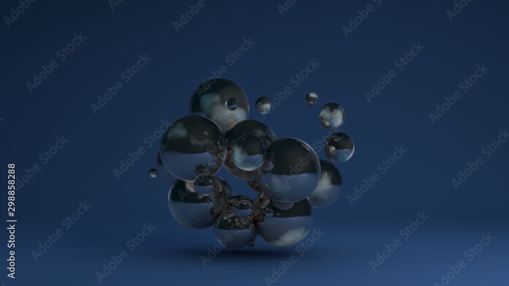 Poster 3d image of a cluster of many glass balls of different sizes 3d rendering for abstract compositions 
