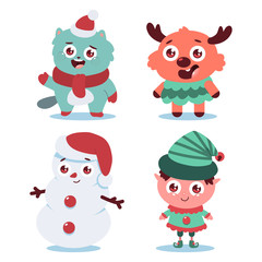 Cute Christmas cat, reindeer, snowman and elf vector cartoon characters set isolated on a white background.